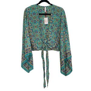 Raga Boho Tie-Front Top Size Small Sari Robe Bell Sleeve Teal NWT